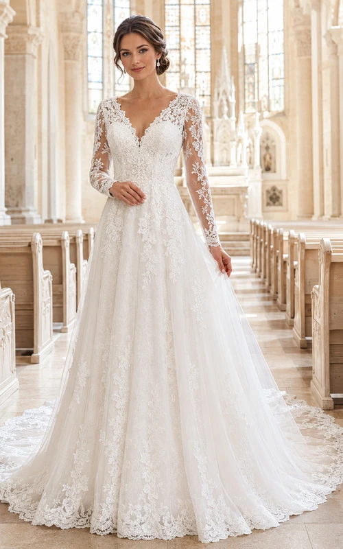 Elegantes, langärmeliges Brautkleid aus Spitze im Kapellenstil (A-Linie)