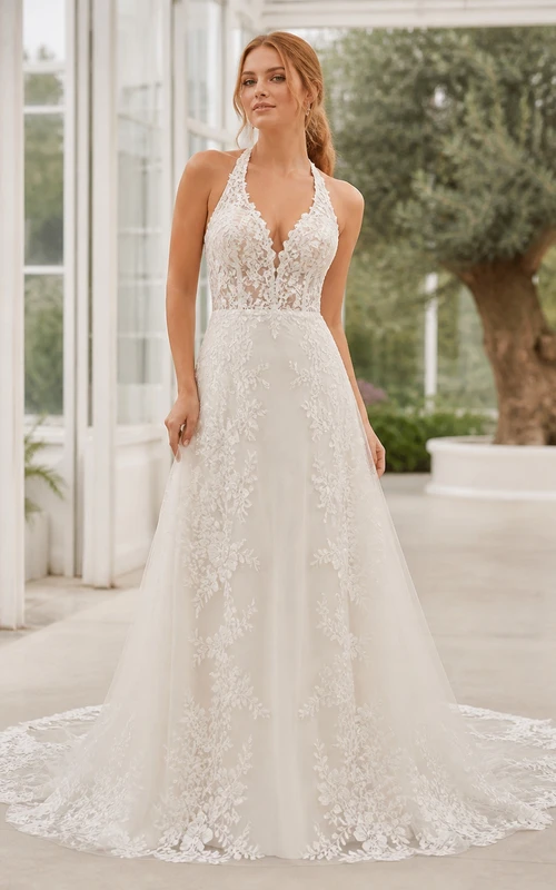 Vestido de novia sexy de corte A con escote halter y espalda descubierta con apliques florales para capilla