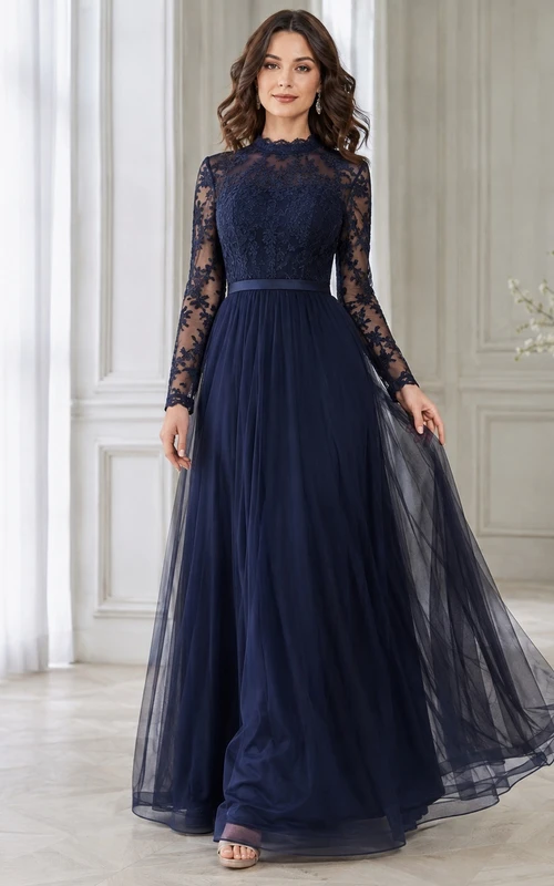 Ink Navy Lace Long Sleeve A-Line High Neck Floor Length Modest Formal Gown
