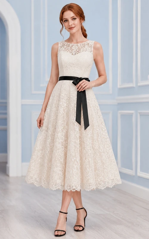 Ivory Lace Tea-Length Homecoming Dress with High Neck Short Cap Sleeves Black Ribbon Waist and Scalloped A-Line Hem