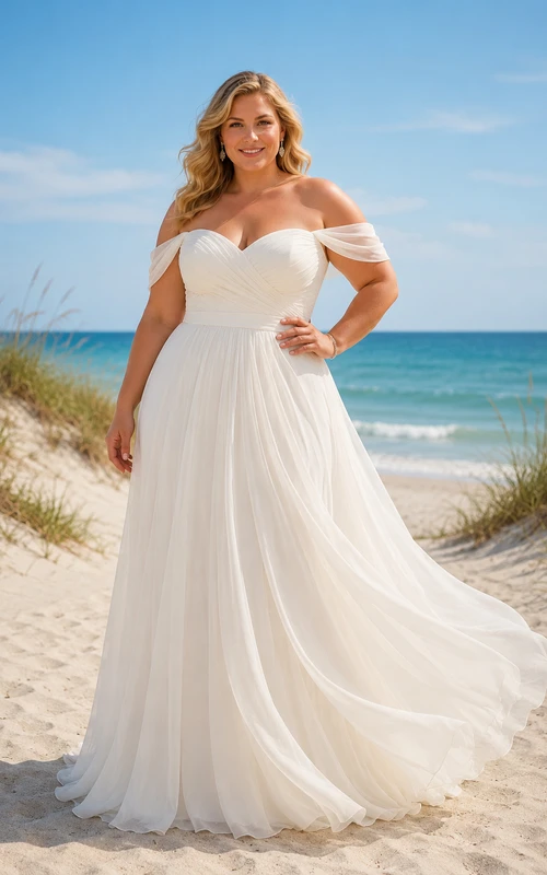 Off-the-Shoulder Beach A-Line Plus Size Wedding Dress