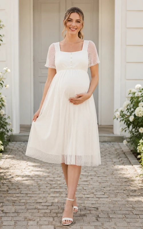 Maternity Square Neck Short Illusion Lace Sleeve Tulle Empire Tea Wedding Dress