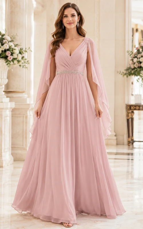 Romantisches, bodenlanges, formelles Cape-Kleid aus altrosafarbenem Chiffon in A-Linie mit V-Ausschnitt