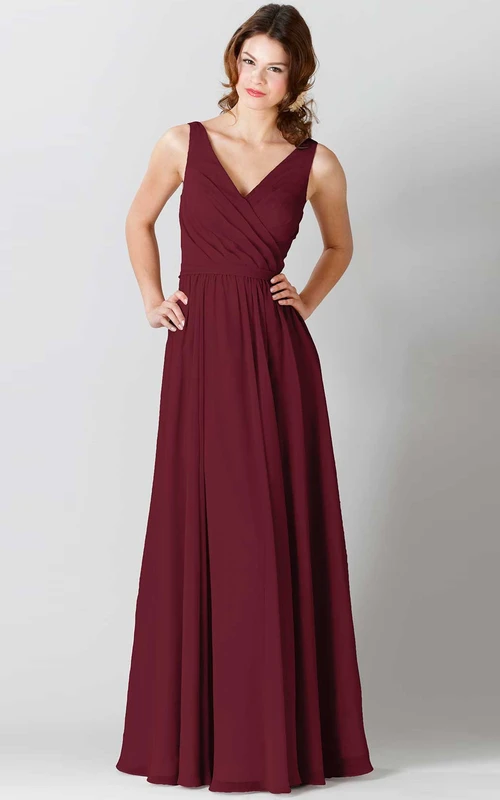 Maxi Sleeveless Ruched V-Neck Chiffon Bridesmaid Dress With Bow
