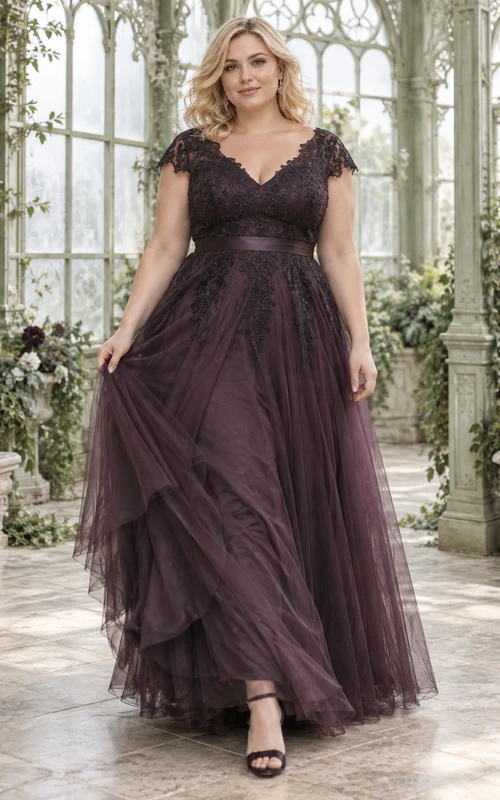 Vestido de dama de honor gótico de talla grande color malva con escote en V, encaje, mangas cortas y volantes de tul.
