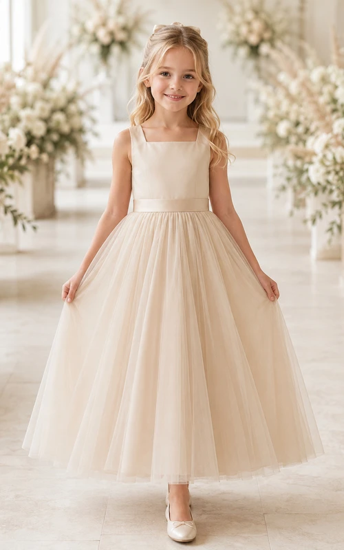 Blumenmädchenkleid aus elfenbeinfarbenem Tüll, A-Linie, eckiger Ausschnitt, Teelänge, plissiert