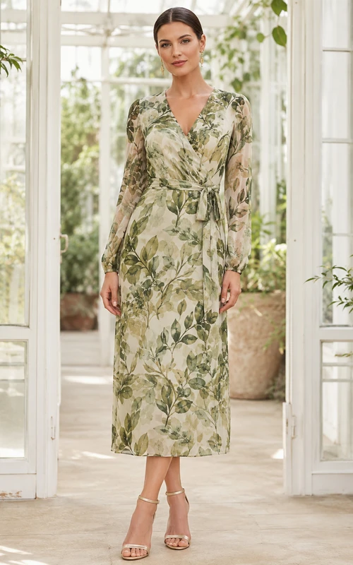 Vestido midi ajustado de manga larga con estampado de follaje verde