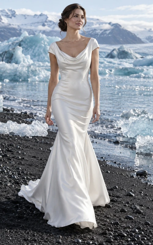 Sencillo vestido de novia de satén estilo sirena con cuello drapeado y mangas cortas tipo casquillo.