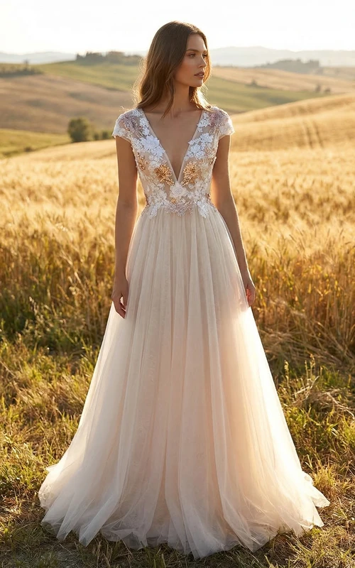 Robe de mariée en tulle à manches courtes, ornée d'appliqués floraux 3D et de détails dorés