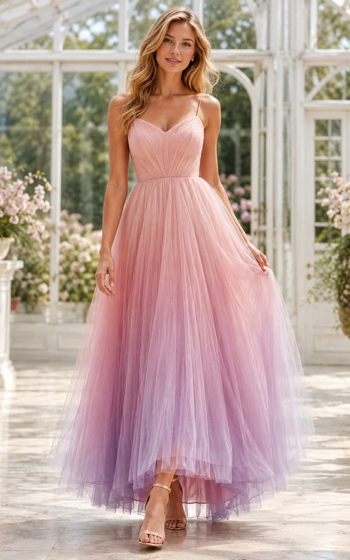 Romantisches, rosafarbenes Spaghetti-Top-Kleid mit Ombré-Tüllrock und Knöchelabschluss