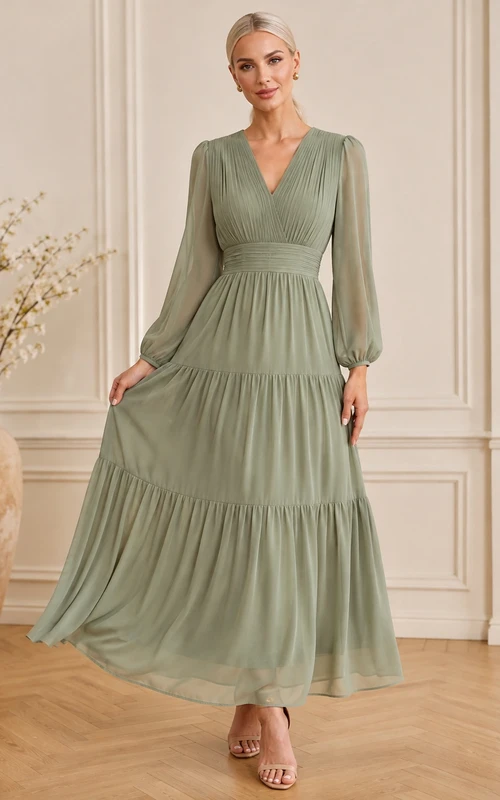 Boho Sage Ankle-Length Chiffon A-Line Long Sleeve Tiered V-Neck Dress