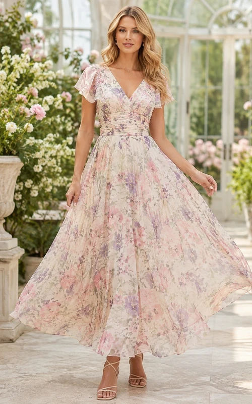 Blush Pastel Floral Print V-Neck A-Line Tea-Length Chiffon Romantic Guest Dress