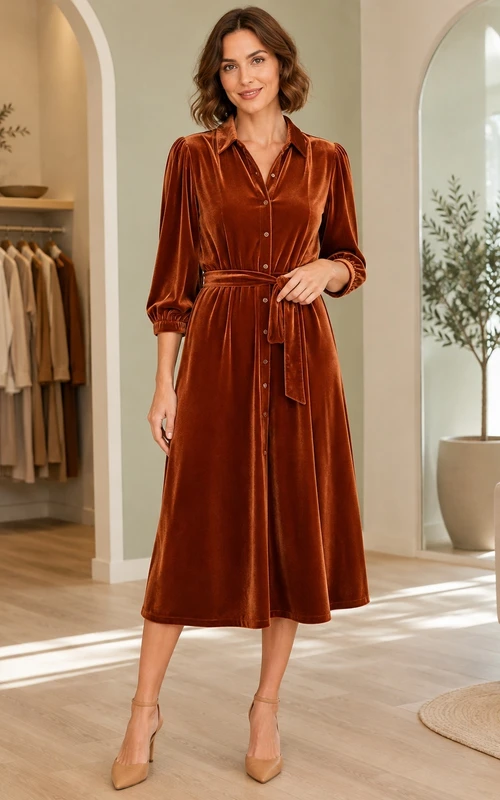 Orange Notched Neck Long Puff Sleeve Sash Velvet A-Line Tea-Length Vintage Dress