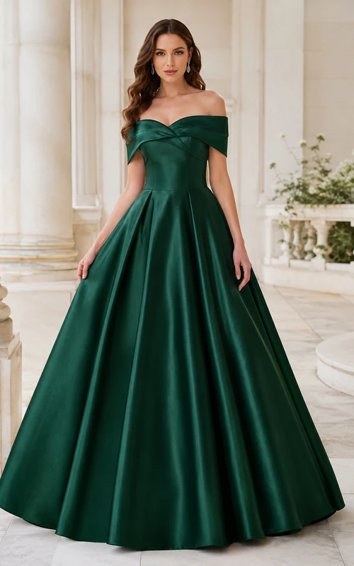 Dark Green Off-Shoulder Satin Ball Gown Quinceanera Dress Reception Luxury