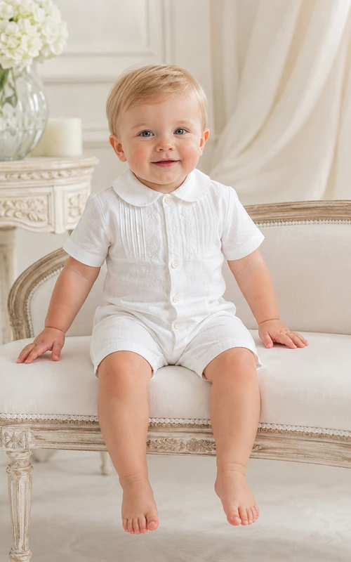 White Pintuck Button Front Short Sleeve Infant Christening Romper for Baby Boy