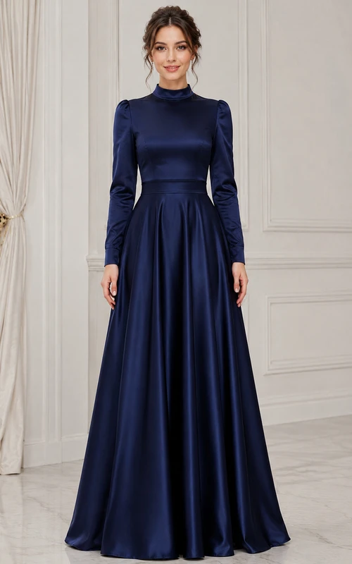Robe de soirée trapèze en satin bleu marine foncé, col montant et manches longues, d'une élégance sobre.