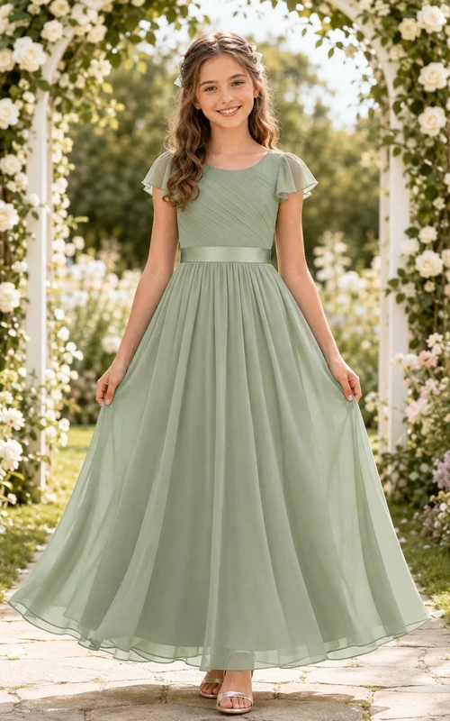 Elegantes, hellgrünes Brautjungfernkleid in A-Linien-Optik mit kurzen Ärmeln aus Chiffon.