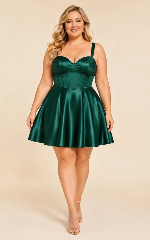 Robe mini trapèze grande taille en satin émeraude à décolleté cœur et bretelles larges, corset