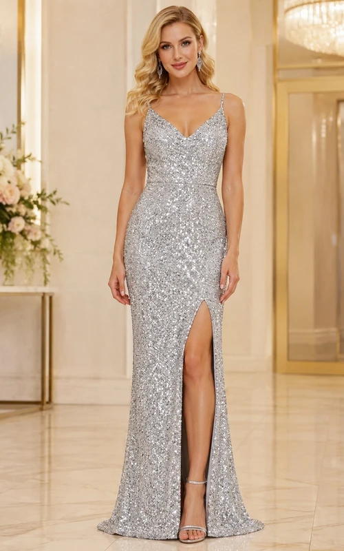 Silver Sequin V Neck Spaghetti Strap Split Sheath Floor Length Celebrity Dress