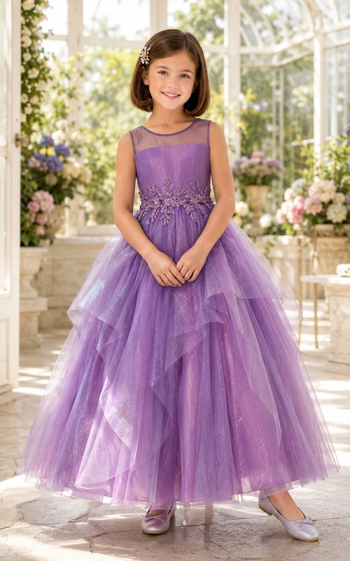 Flower Girl Dress A-Line Orchid Iridescent Tulle Sleeveless Formal Party