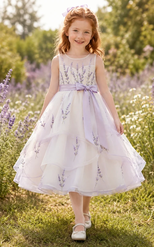 Vestido de niña de las flores con estampado de ramitas de lavanda, sin mangas, falda acampanada con volantes, fajín con lazo y capas hasta la rodilla.