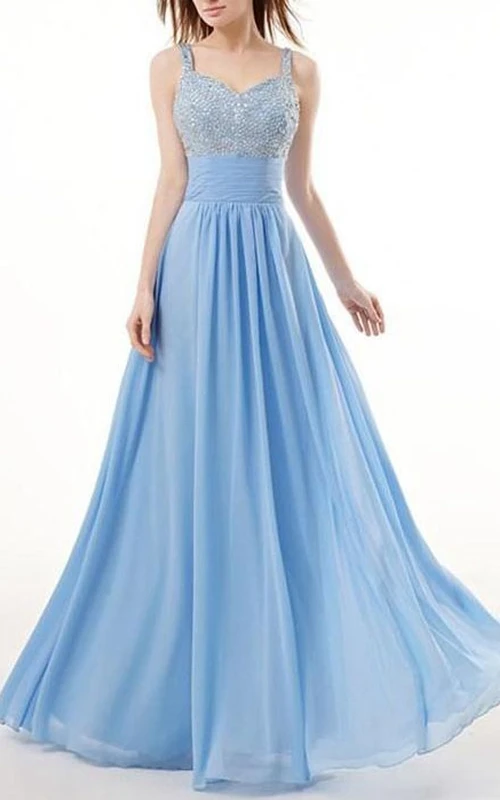 A-Line Spaghetti Neck Beading Floor-Length Prom Dress