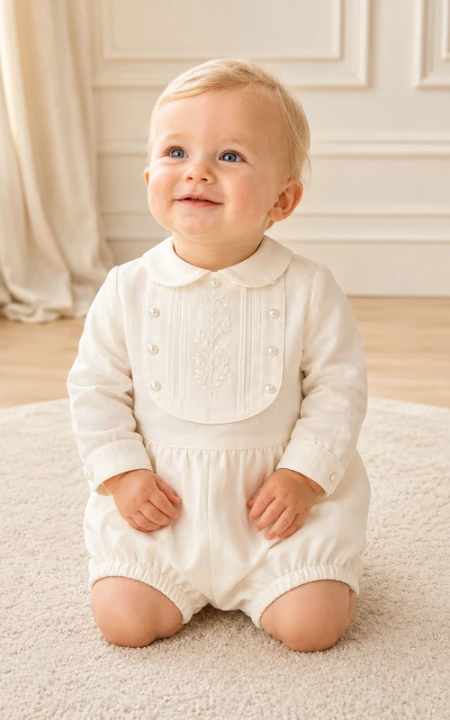 White Embroidered Bib Long Sleeve Peter Collar Baptism Bubble for Baby Boy