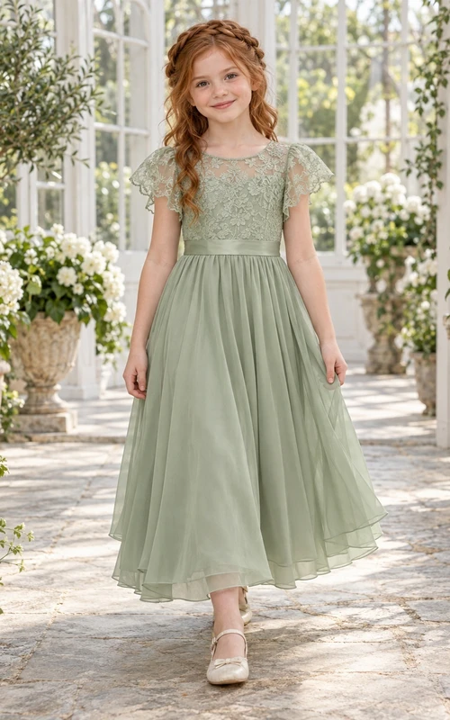 Vestido de niña de flores de corte A, de gasa, con estampado floral verde salvia, mangas con volantes y lazo en la espalda, hasta la rodilla.