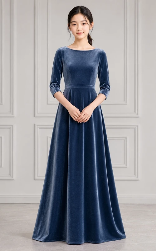 Dunkelblaues Brautjungfernkleid im A-Linien-Stil mit Schmucksteinen, langen Ärmeln und luxuriösem Samt-Dekor