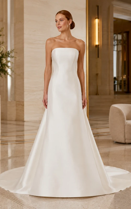 Brautkleid aus Satin im Meerjungfrauenstil, schulterfrei, kurze Ärmel, Schleppe