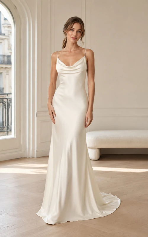 Robe de mariée minimaliste champêtre en satin raffiné, col bénitier sans manches, coupe fourreau et traîne, style minimaliste.