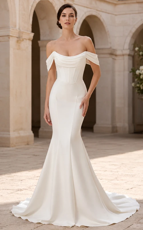 Robe de mariée sirène en satin drapé à épaules dénudées et traîne simple