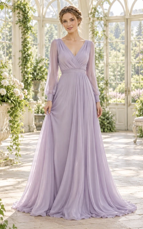 Simple Long Sleeve Lavender V-neck Chiffon A-line Elegant Evening Dress