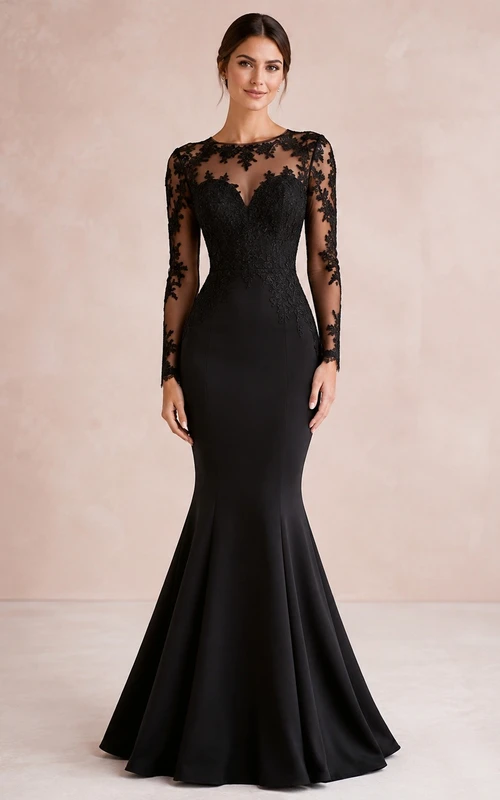 Vestido formal de lujo sexy con encaje negro, mangas largas y cola de sirena.