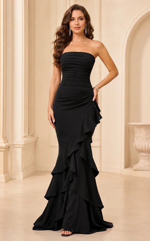Black Strapless Cascading Ruffles Mermaid Jersey Floor Length Formal Evening Gown
