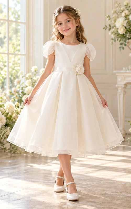 Ivory Tulip Sleeve Floral Waist Organza Tea-length Flower Girl Dress