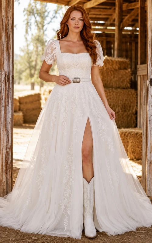 Robe de mariée bohème rustique en dentelle, col carré, manches courtes, fente sur le devant, traîne chapelle
