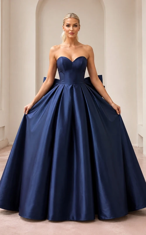 Luxury Dark Navy Satin Ball Gown Floor-Length Sweetheart Strapless Formal Dress