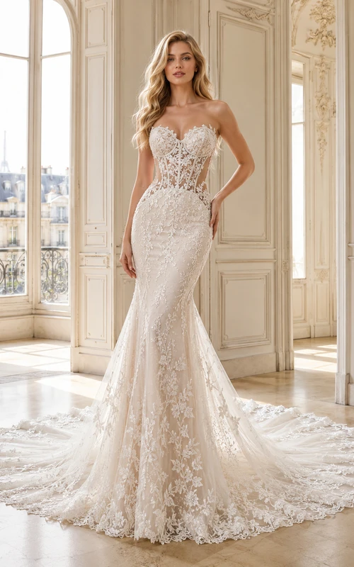 Robe de mariée sirène bustier en dentelle féminine avec traîne chapelle et applications florales, ornée d'un décolleté cœur et d'une traîne chapelle.