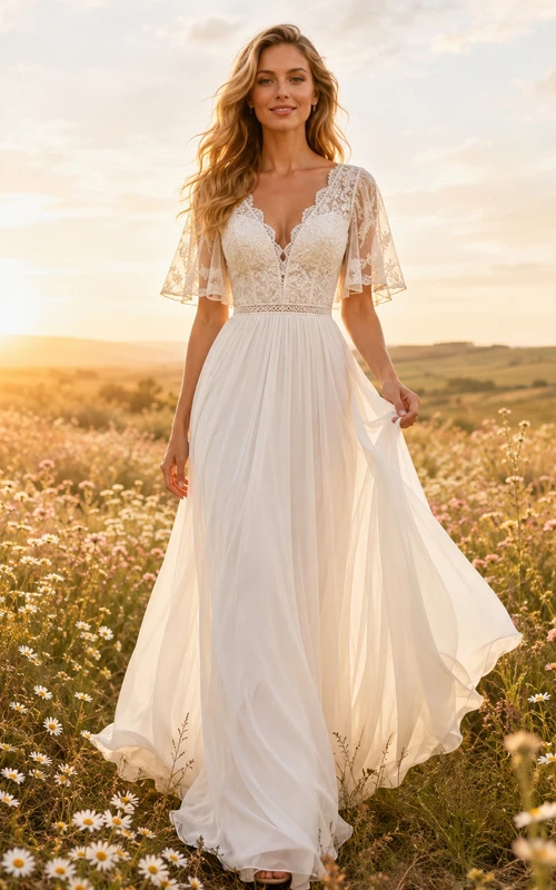 Boho V-Neck Flutter Sleeve Chiffon Country Wedding Dress