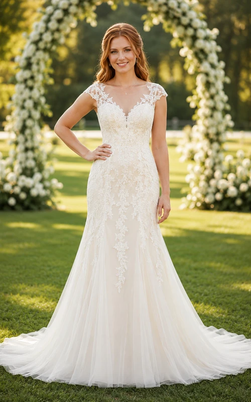 Lace Tulle Wedding Dress Mermaid V-Neck Cap Sleeve Sweep Train Bridal Gown