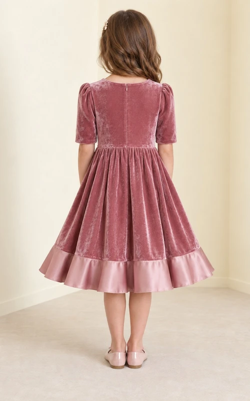 Schlichtes, altrosafarbenes, teelanges, kompaktes Samtkleid mit Ellbogenärmeln und gewelltem Volant für Blumenmädchen