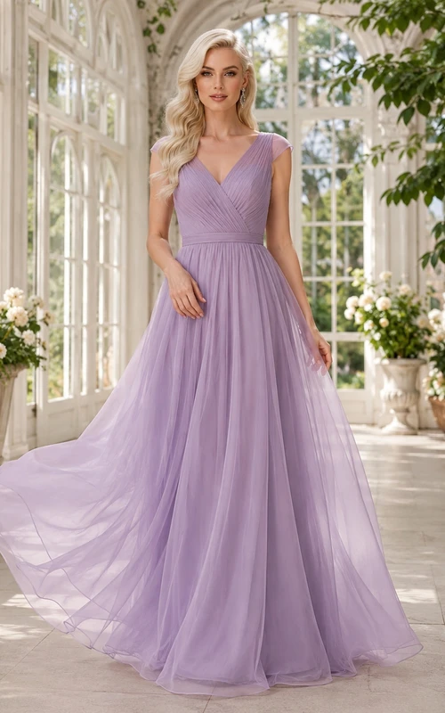 Lavendelfarbenes Chiffon-Abendkleid in A-Linie mit V-Ausschnitt und Falten, bodenlang und mit geschwungenem Rock