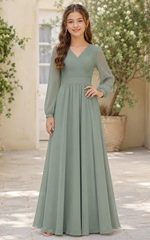 Celadonfarbenes Brautjungfernkleid für junge Damen, A-Linie, V-Ausschnitt, lange Ärmel, plissiert, dezent