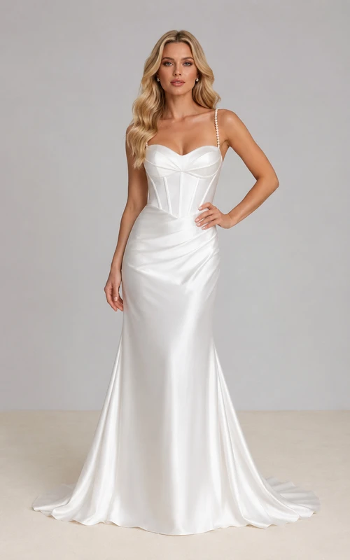 Robe de soirée fourreau en satin blanc, bretelles spaghetti, longueur au sol