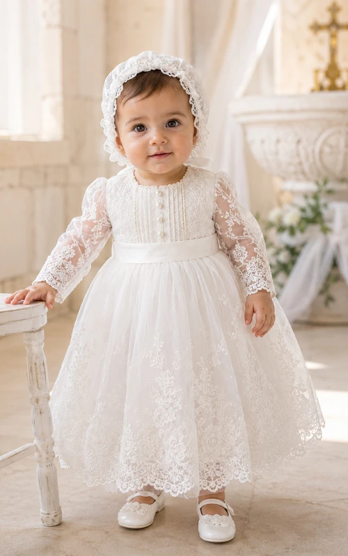 Modest Baby Baptism Christening Ceremony Dress A-Line Tea-Length Jewel Neck Long Sleeve Tulle Lace Bow Back Button Back
