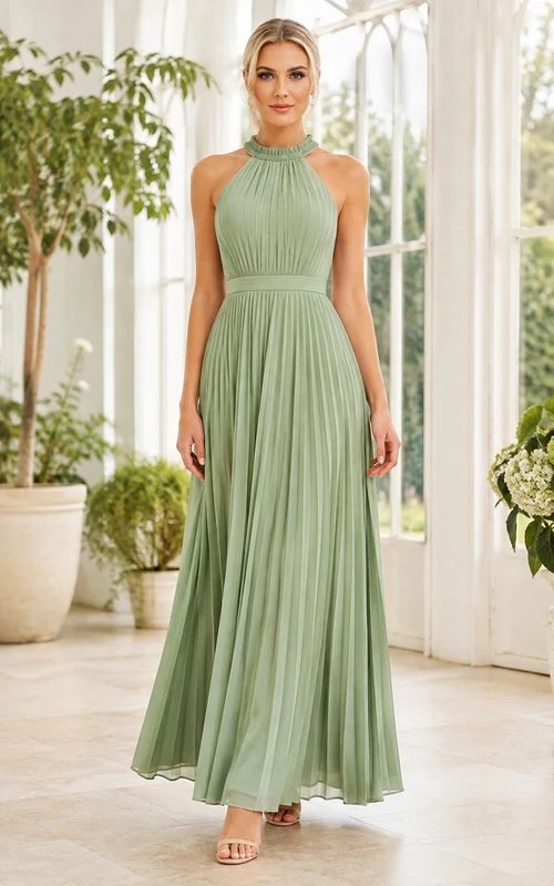 Sage Green High Neck Sleeveless Chiffon A-Line Floor-Length Dress