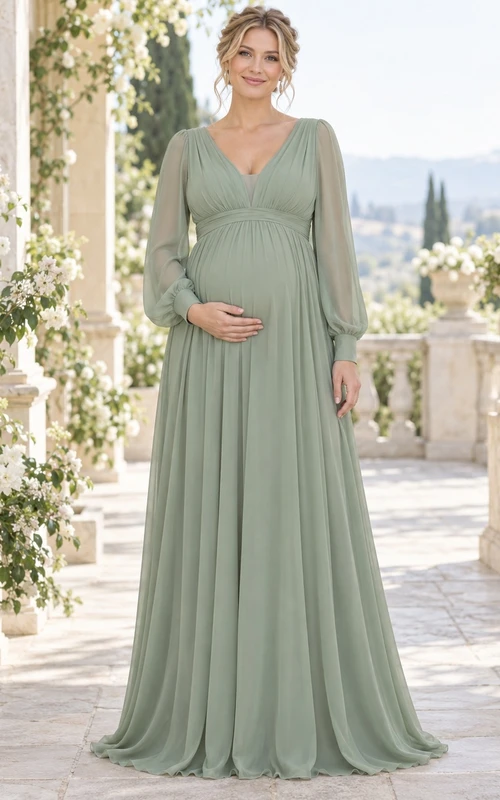 Vestido largo de gasa de manga larga color verde salvia con escote en V y corte imperio para damas de honor