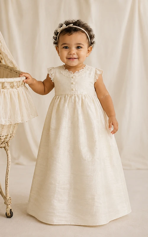 Ärmelloses Taufkleid aus Dupionseide, A-Linie, bodenlang, schlicht, elegant, bezaubernd, mit Schmuckknöpfen und Falten