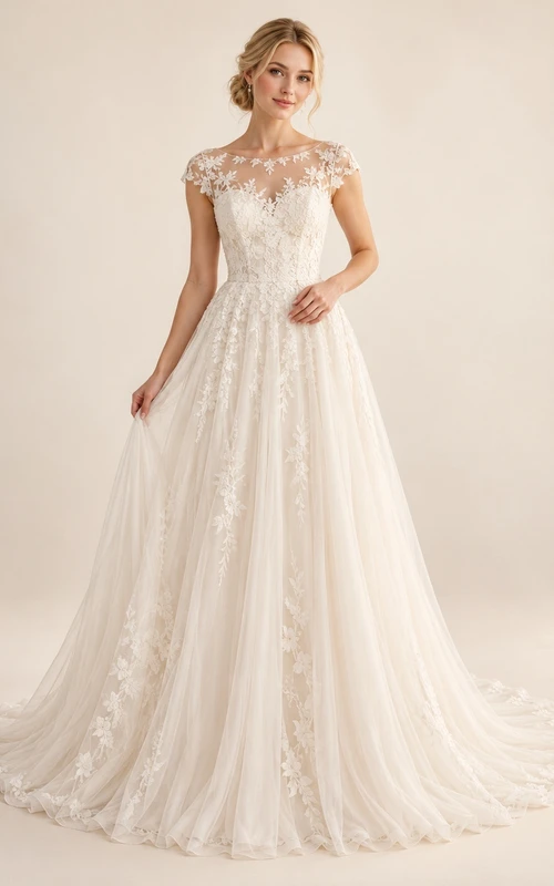 Cap Sleeve Bateau Floral Applique Tulle A-Line Wedding Dress